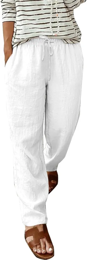 Womens Summer Linen Pants Wide Leg Lightweight High Waisted Drawstring Lounge Pants Beach Trouser with Pockets