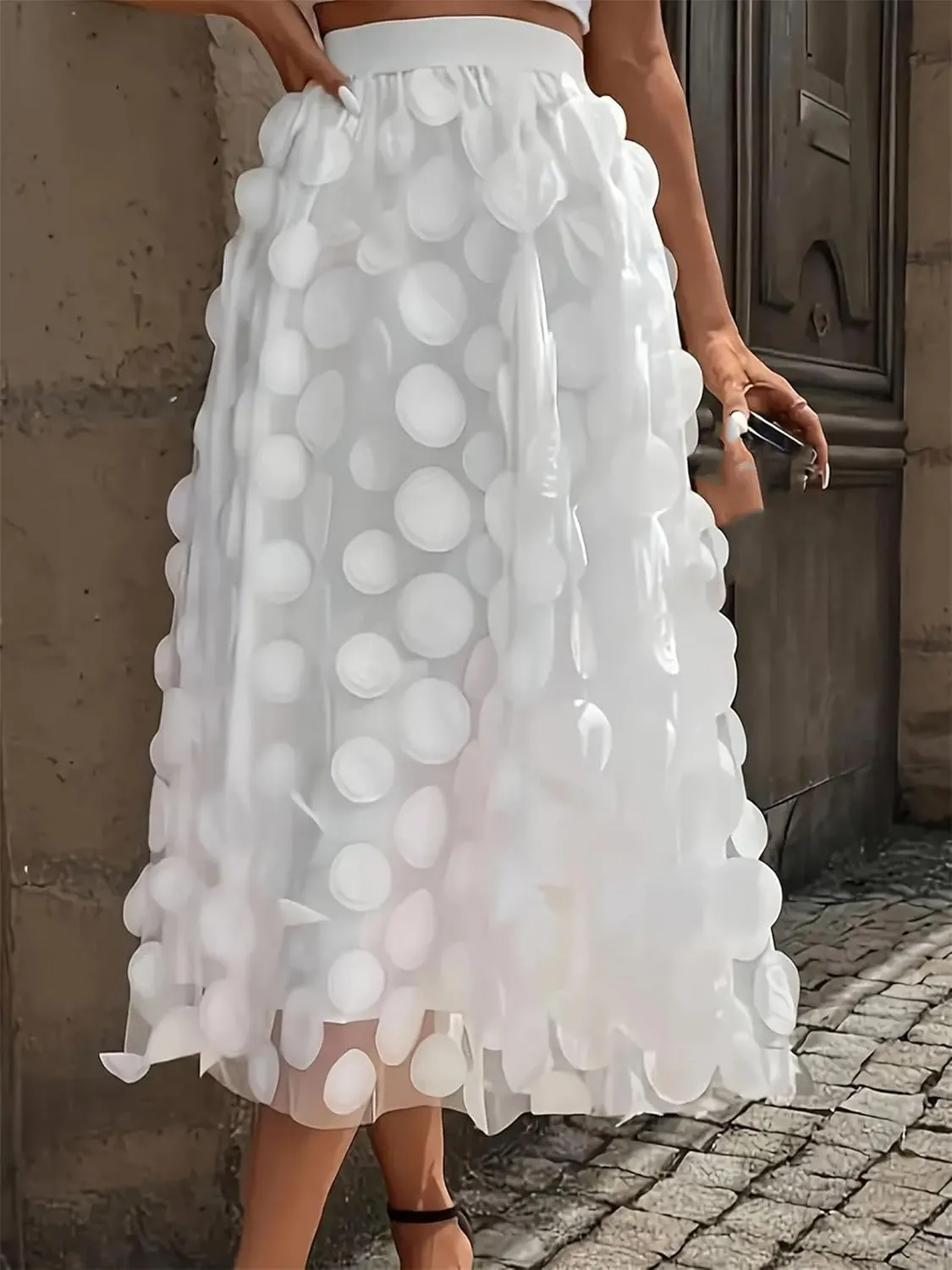Womens Summer Mesh A-Line Skirts Solid Color Elastic Waist Party Midi Skirt Skirt