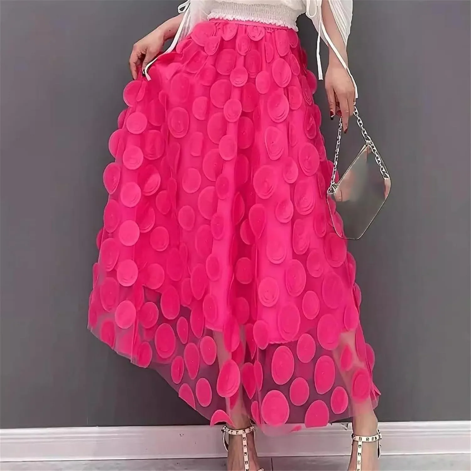 Womens Summer Mesh A-Line Skirts Solid Color Elastic Waist Party Midi Skirt Skirt
