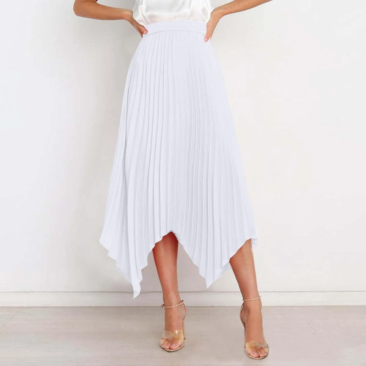 Women's Summer Skirt Solid Color High Waist Pleated A Line Swing Skirts Casual Fashion Irregular Hem Swing Skorts