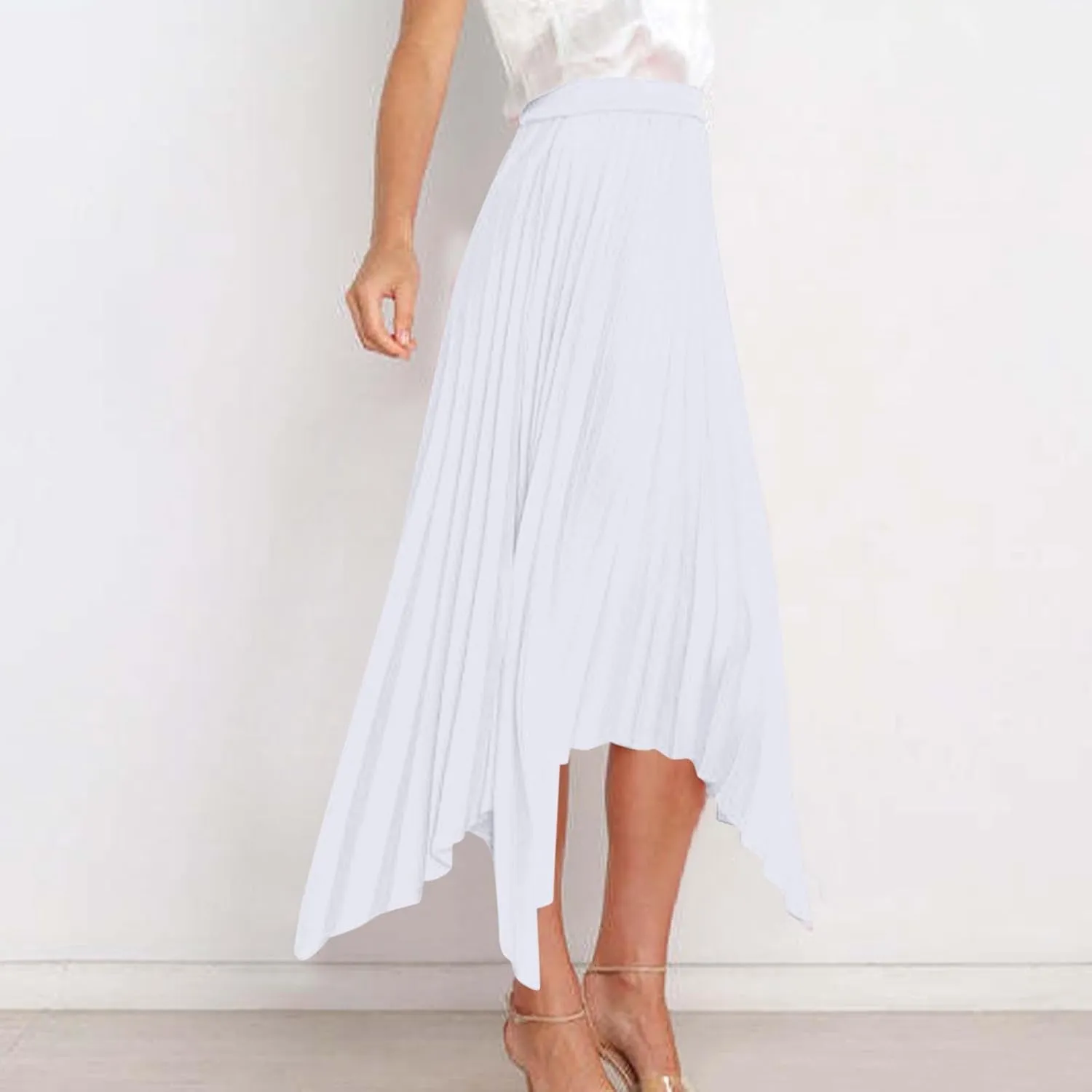 Women's Summer Skirt Solid Color High Waist Pleated A Line Swing Skirts Casual Fashion Irregular Hem Swing Skorts