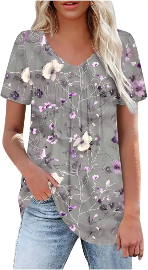 Womens Summer Tops Floral Graphic Tees Casual Short Sleeve Shirts Flowy Babydoll Tunic Top Sexy V Neck T Shirts 2025