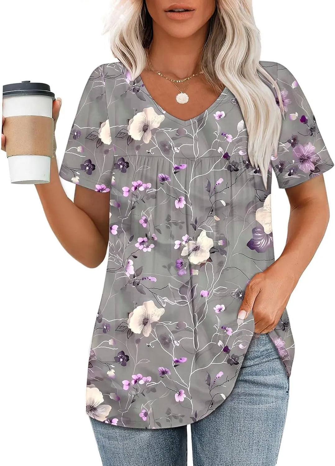 Womens Summer Tops Floral Graphic Tees Casual Short Sleeve Shirts Flowy Babydoll Tunic Top Sexy V Neck T Shirts 2025