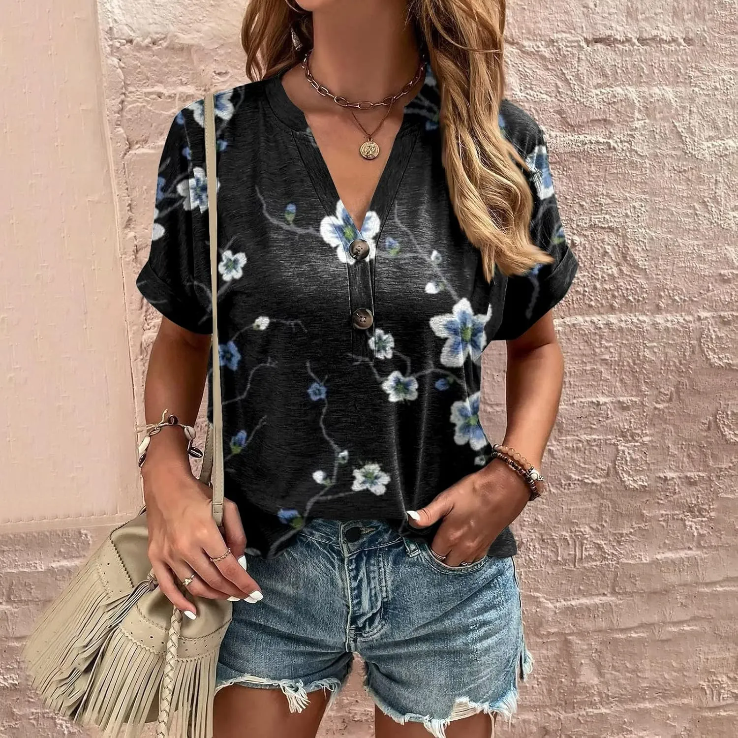 Womens Summer Tops Floral Short Sleeve V Neck Blouses for Women Dressy Casual Loose Shirts