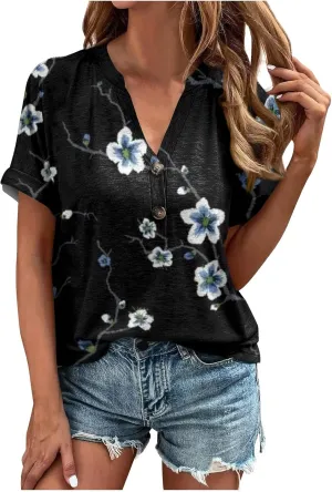 Womens Summer Tops Floral Short Sleeve V Neck Blouses for Women Dressy Casual Loose Shirts