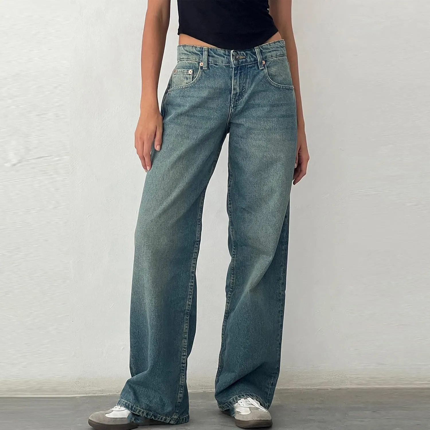 Womens Sweatpant Jeans Straight Leg Boyfriend Denim Wide Leg Loose Y2K Pants