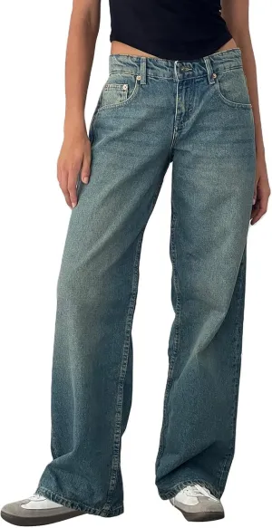Womens Sweatpant Jeans Straight Leg Boyfriend Denim Wide Leg Loose Y2K Pants