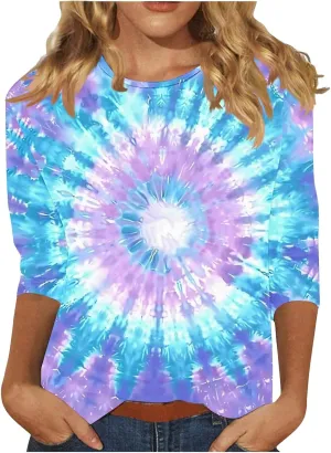 Womens Tops 3/4 Sleeve Loose Fit Tie Dye Hippie Shirts 70s Tshirts Crew Neck Cute Tees 2025 Spring Summer Cute Tees