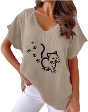 Womens Tops Trendy Casual V Neck Cotton Linen Shirts Fashion Short Sleeve Graphic Print Blouses Summer Loose Comfy Tees