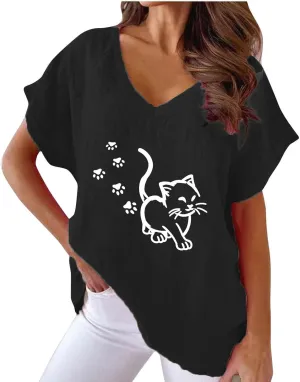 Womens Tops Trendy Casual V Neck Cotton Linen Shirts Fashion Short Sleeve Graphic Print Blouses Summer Loose Comfy Tees