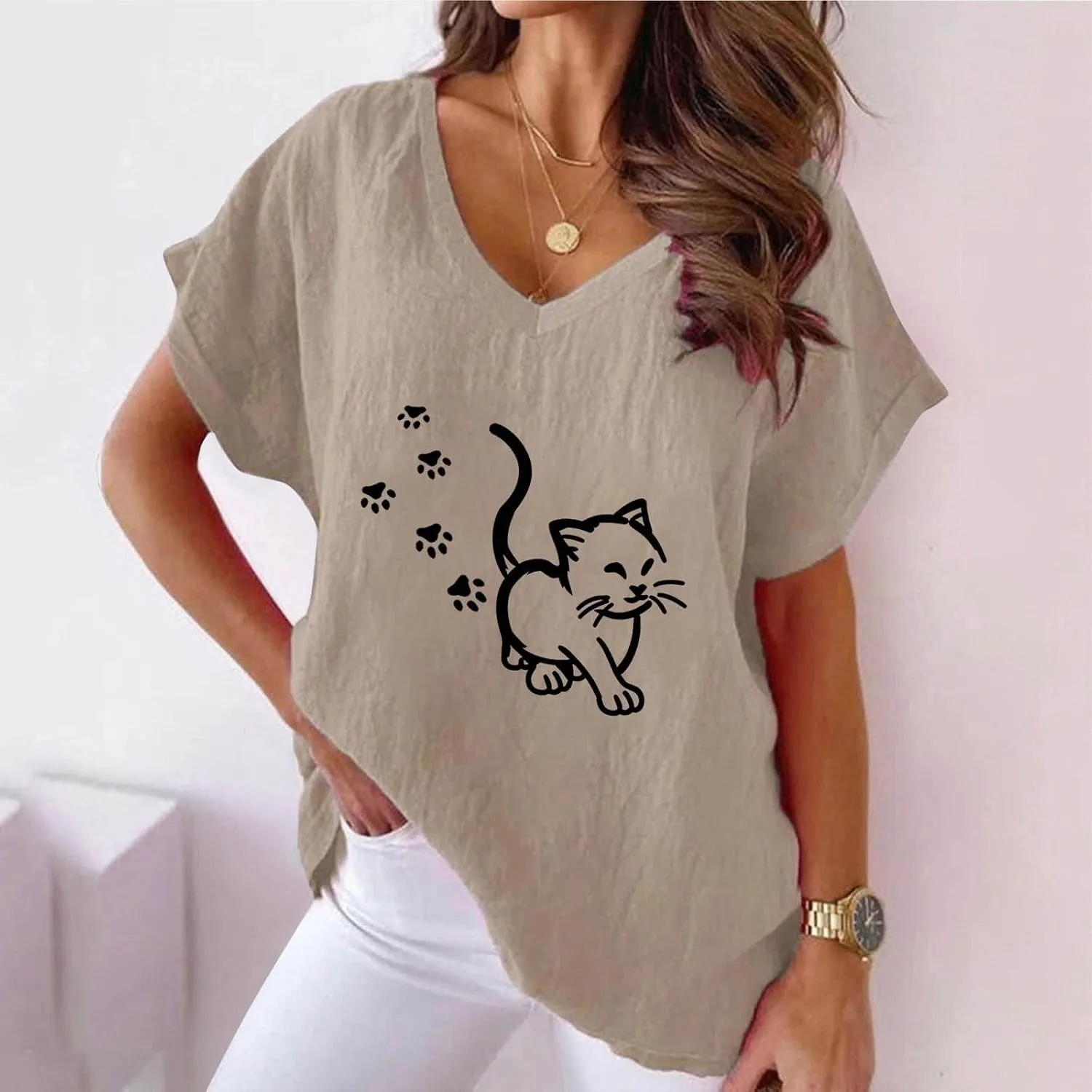Womens Tops Trendy Casual V Neck Cotton Linen Shirts Fashion Short Sleeve Graphic Print Blouses Summer Loose Comfy Tees