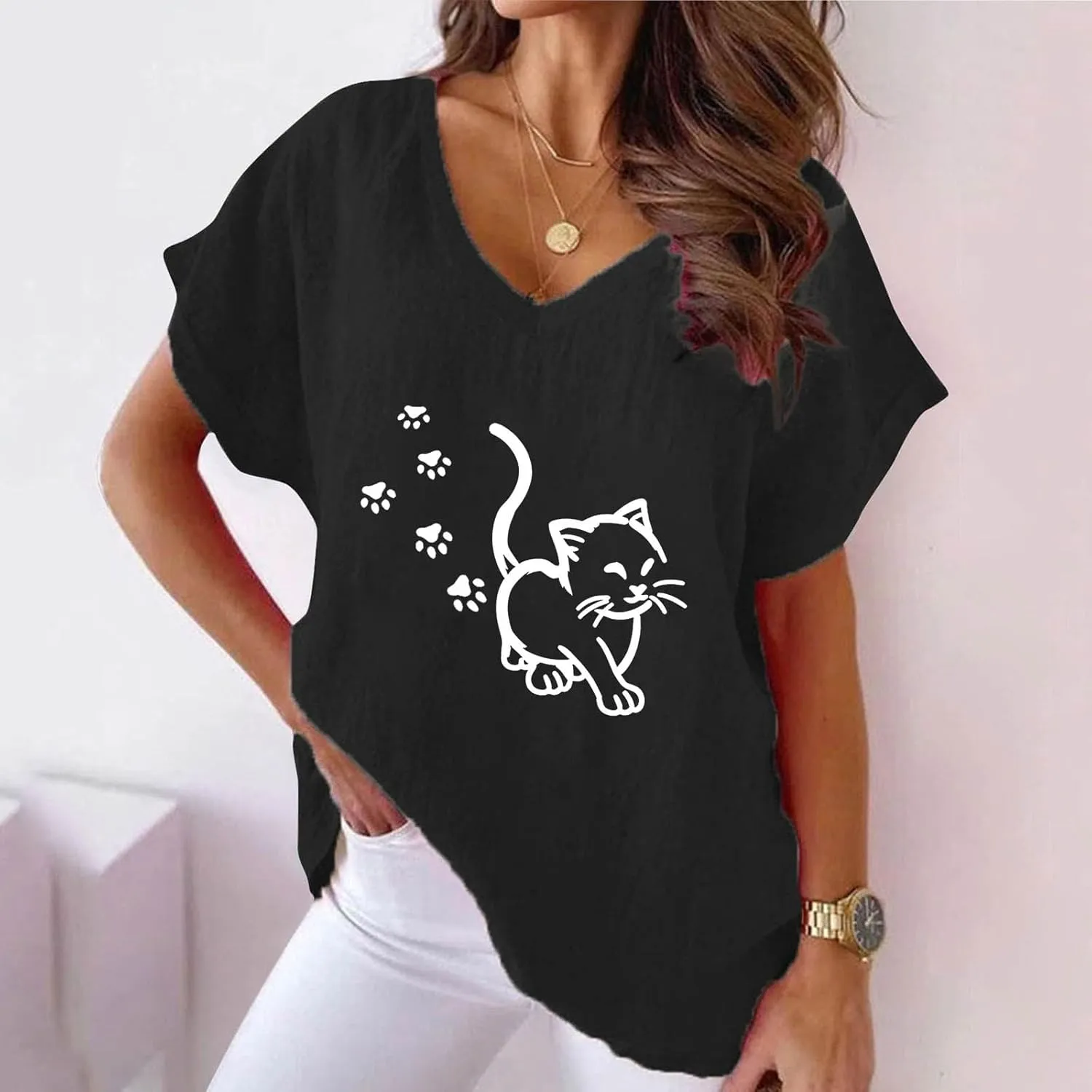 Womens Tops Trendy Casual V Neck Cotton Linen Shirts Fashion Short Sleeve Graphic Print Blouses Summer Loose Comfy Tees