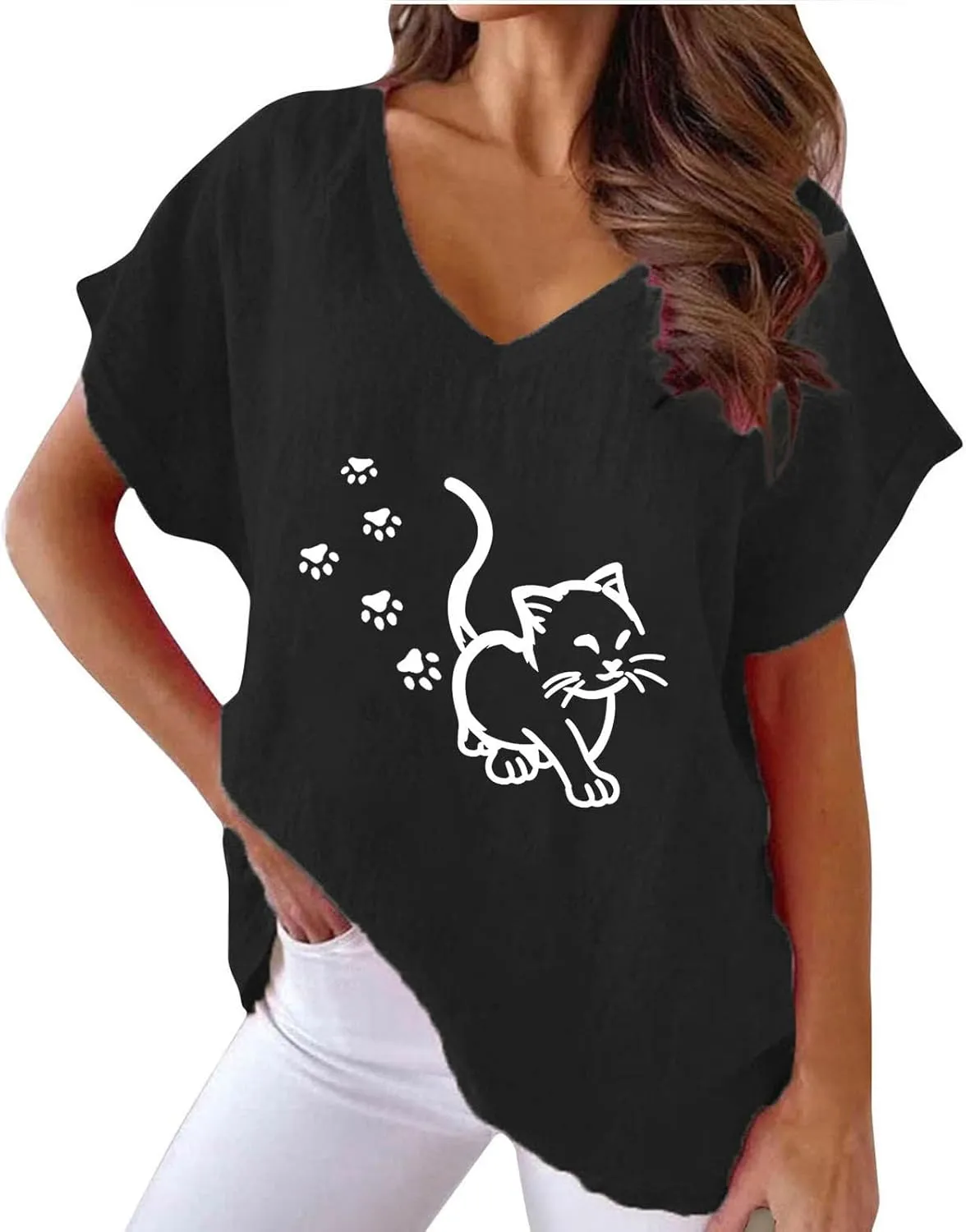 Womens Tops Trendy Casual V Neck Cotton Linen Shirts Fashion Short Sleeve Graphic Print Blouses Summer Loose Comfy Tees