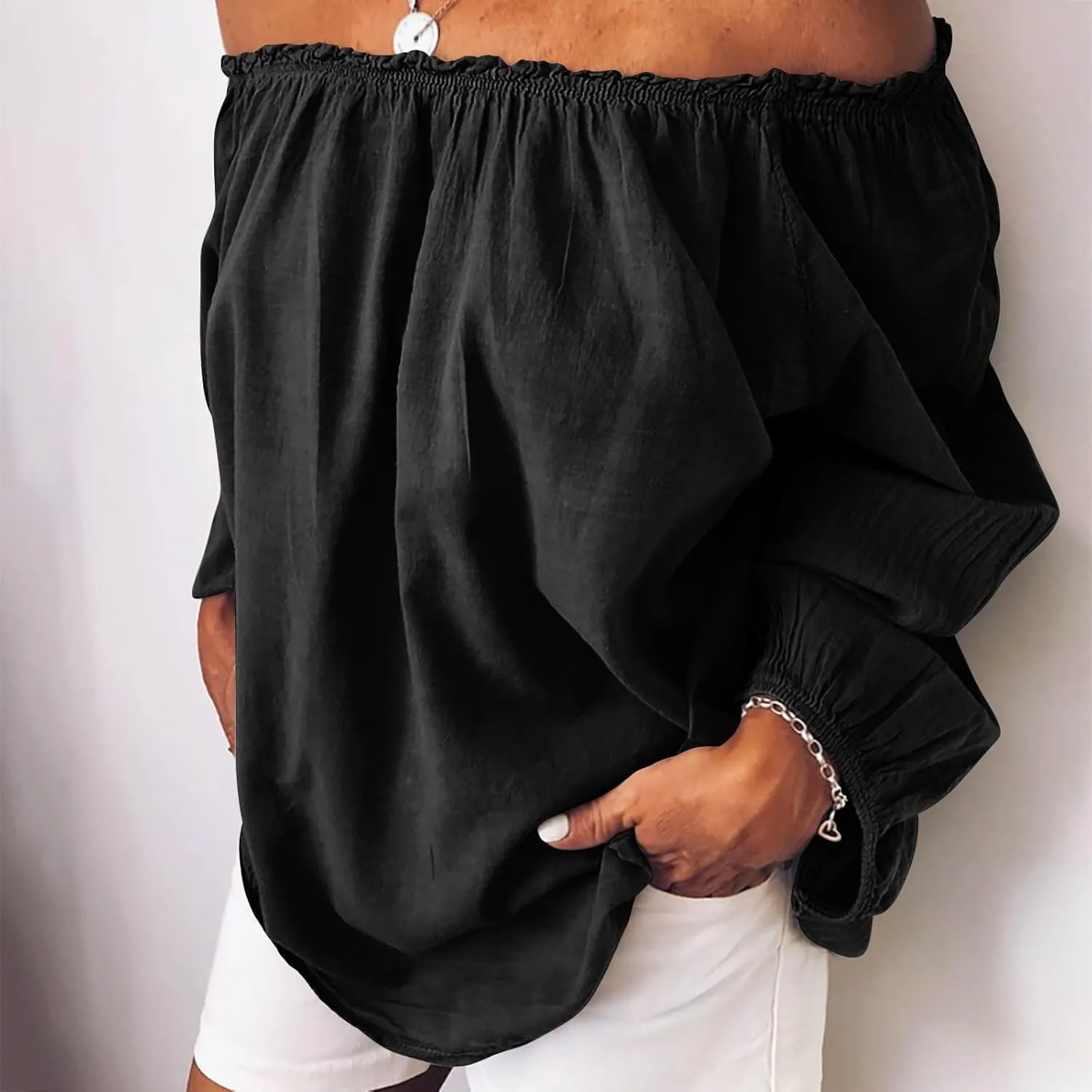 Womens Tops Trendy Fashion Cotton Linen Solid Shirts Sexy Off Shoulder Long Sleeve Blouses Summer Cute Loose Comfy Tees
