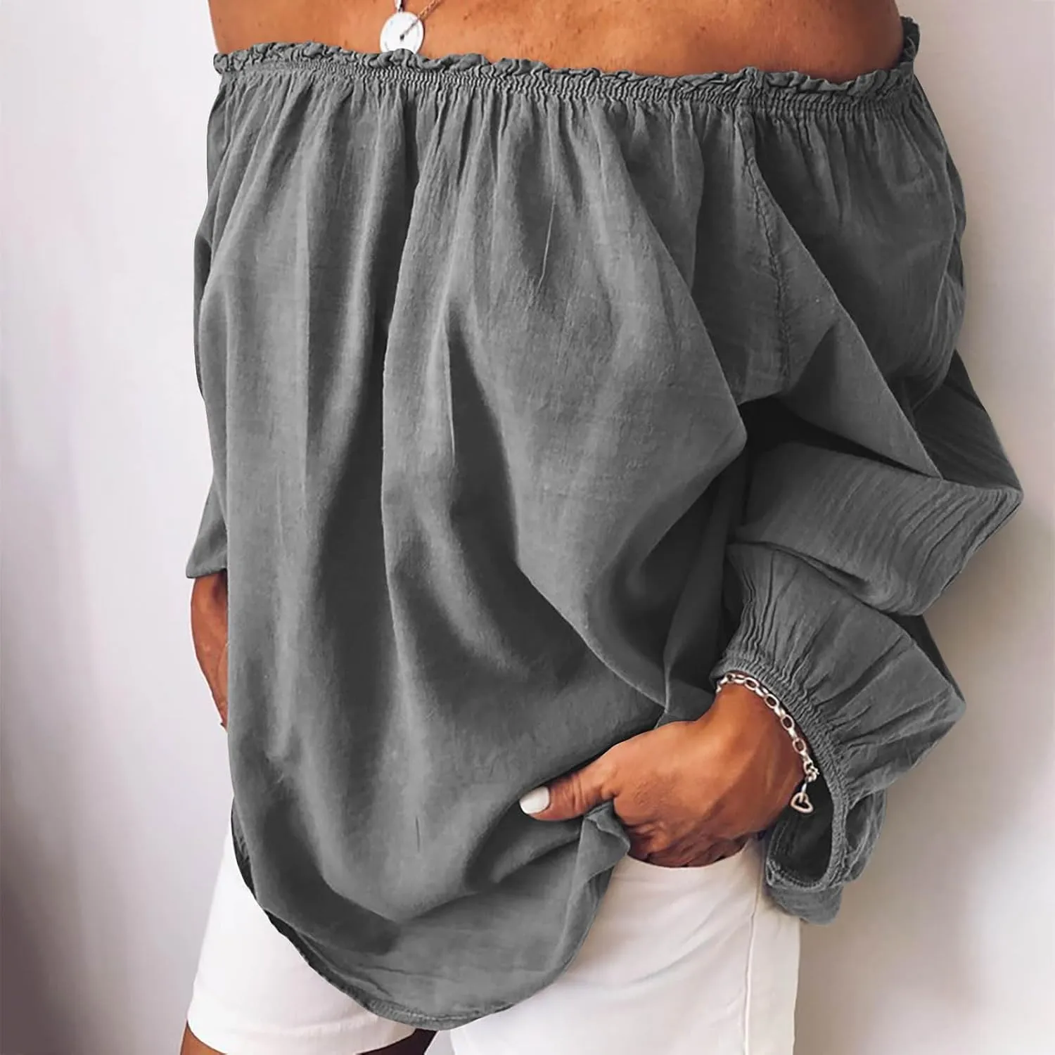 Womens Tops Trendy Fashion Cotton Linen Solid Shirts Sexy Off Shoulder Long Sleeve Blouses Summer Cute Loose Comfy Tees