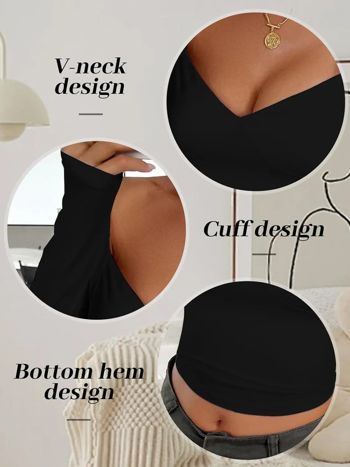 Women's V Neck Long Sleeve Crop Tops with Square Back Basic Slim Fitted T Shirts