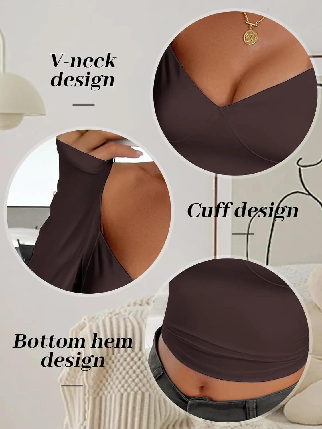 Women's V Neck Long Sleeve Crop Tops with Square Back Basic Slim Fitted T Shirts
