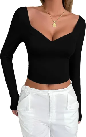 Women's V Neck Long Sleeve Crop Tops with Square Back Basic Slim Fitted T Shirts