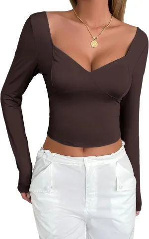 Women's V Neck Long Sleeve Crop Tops with Square Back Basic Slim Fitted T Shirts