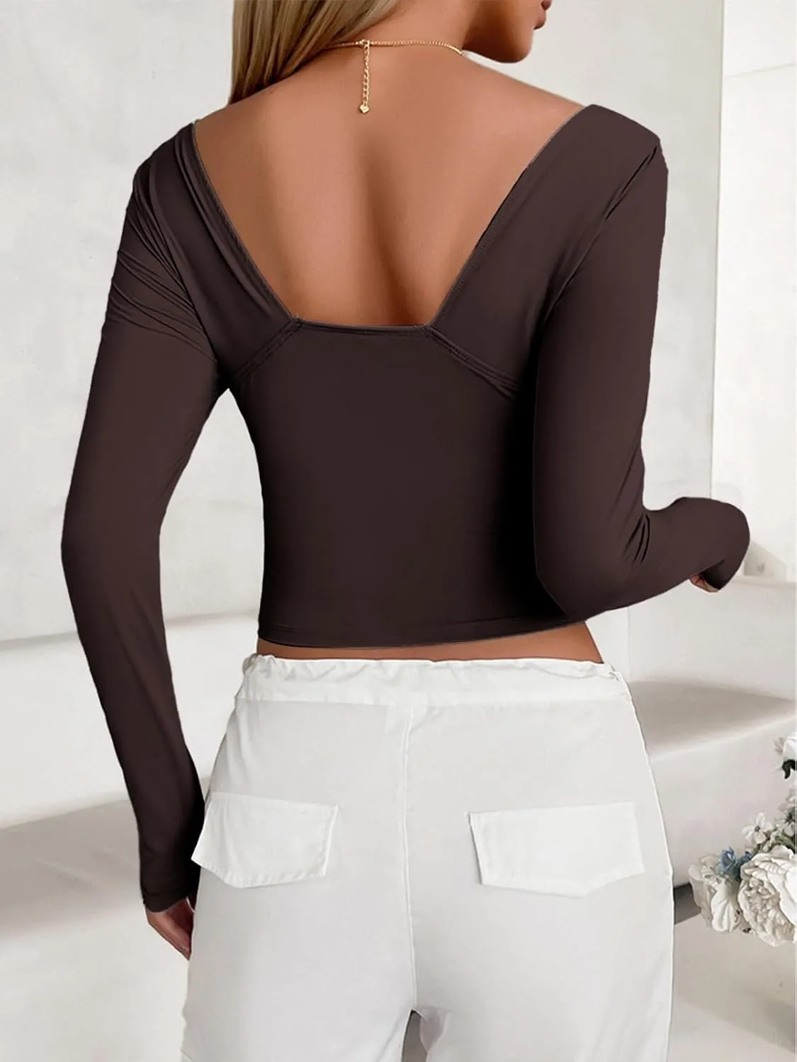 Women's V Neck Long Sleeve Crop Tops with Square Back Basic Slim Fitted T Shirts