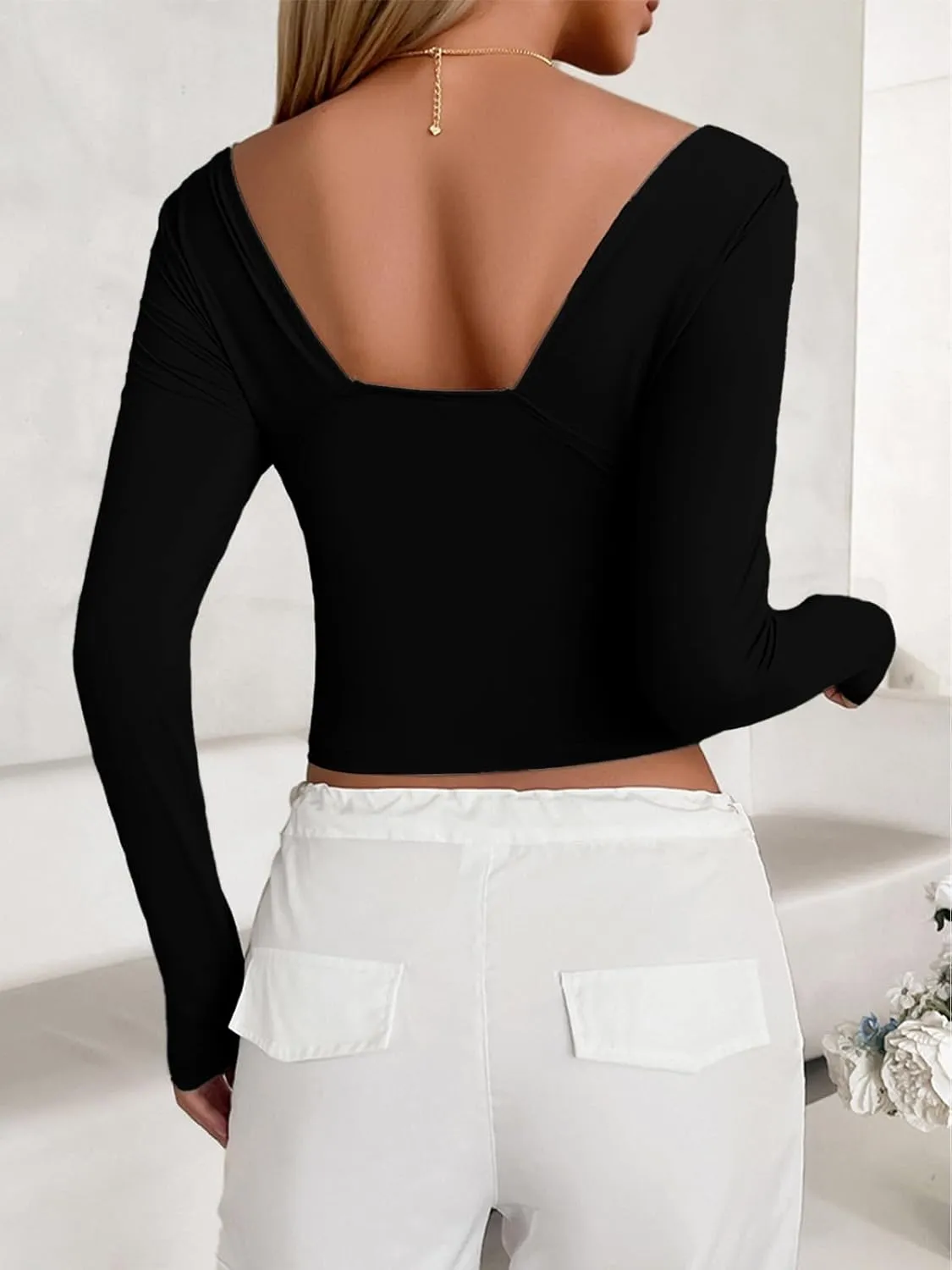 Women's V Neck Long Sleeve Crop Tops with Square Back Basic Slim Fitted T Shirts
