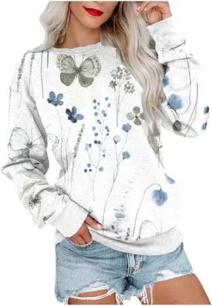Women's Vintage Floral Print Long Sleeve Sweatshirt - Casual Loose Fit Pullover Top