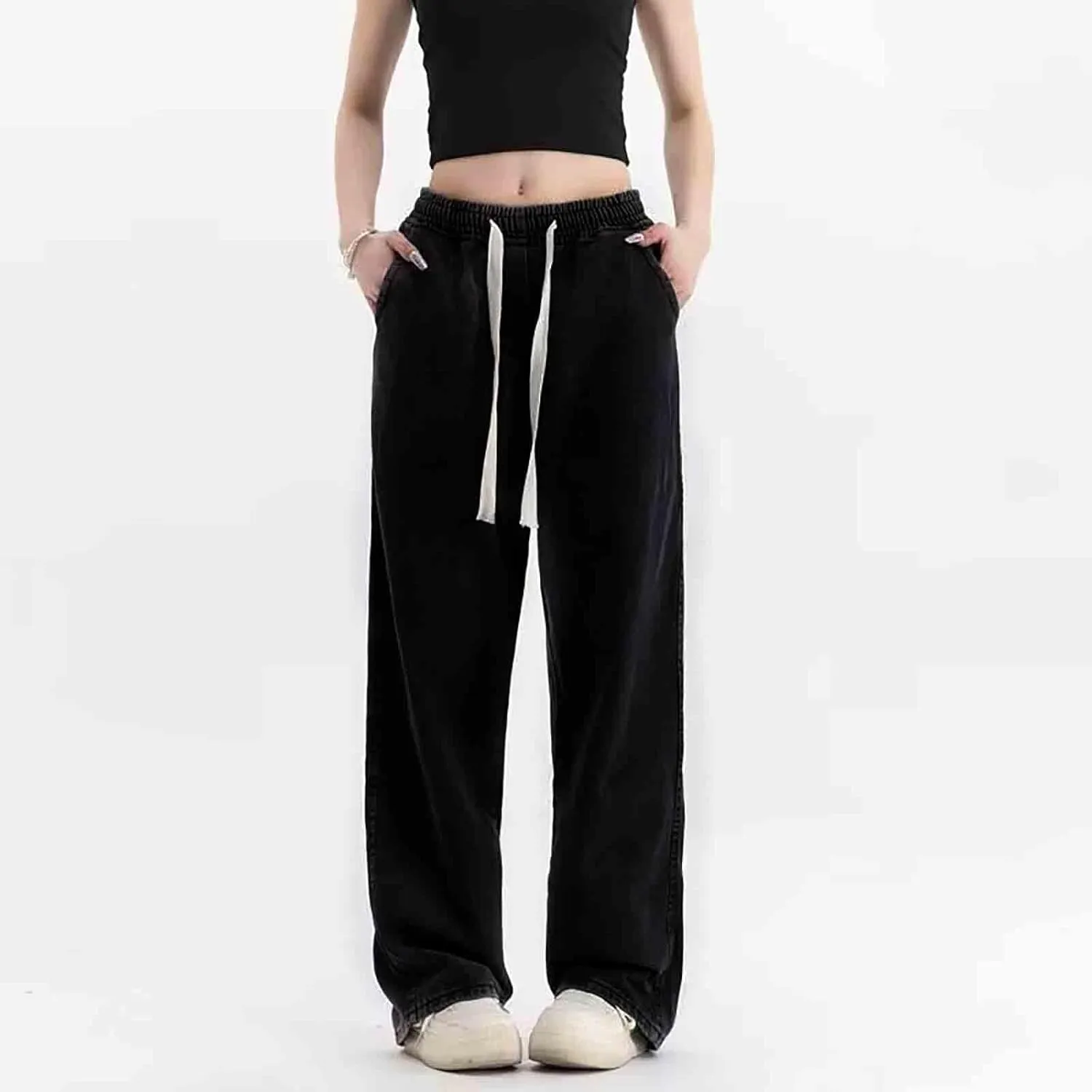 Womens Wide Leg Elastic Waisted Pants Casual Palazzo Jeans Adjustable Drawstring Y2K Trousers with Pockets