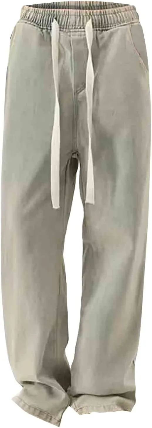 Womens Wide Leg Elastic Waisted Pants Casual Palazzo Jeans Adjustable Drawstring Y2K Trousers with Pockets