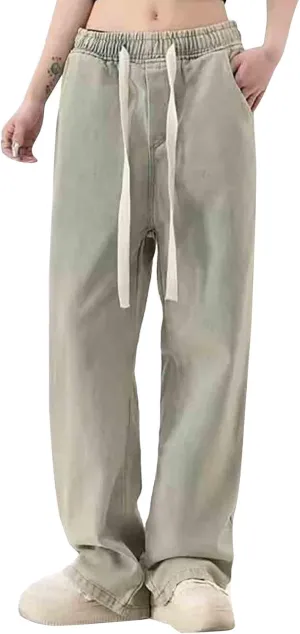 Womens Wide Leg Elastic Waisted Pants Casual Palazzo Jeans Adjustable Drawstring Y2K Trousers with Pockets