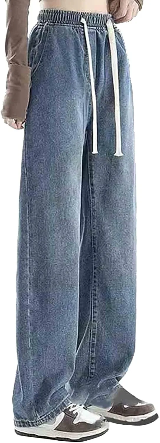 Womens Wide Leg Elastic Waisted Pants Casual Palazzo Jeans Adjustable Drawstring Y2K Trousers with Pockets