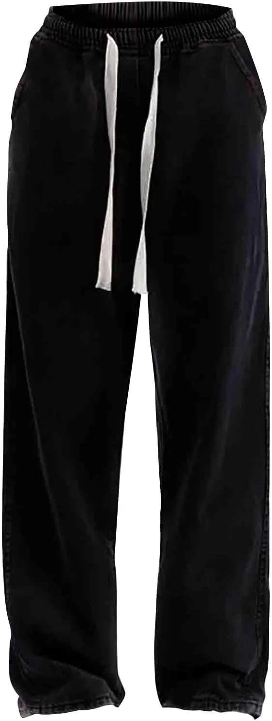 Womens Wide Leg Elastic Waisted Pants Casual Palazzo Jeans Adjustable Drawstring Y2K Trousers with Pockets