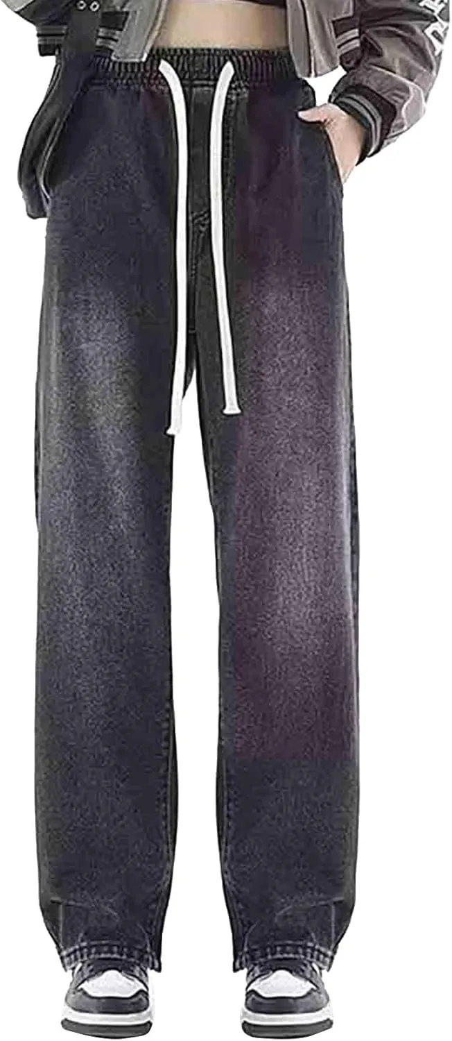 Womens Wide Leg Elastic Waisted Pants Casual Palazzo Jeans Adjustable Drawstring Y2K Trousers with Pockets