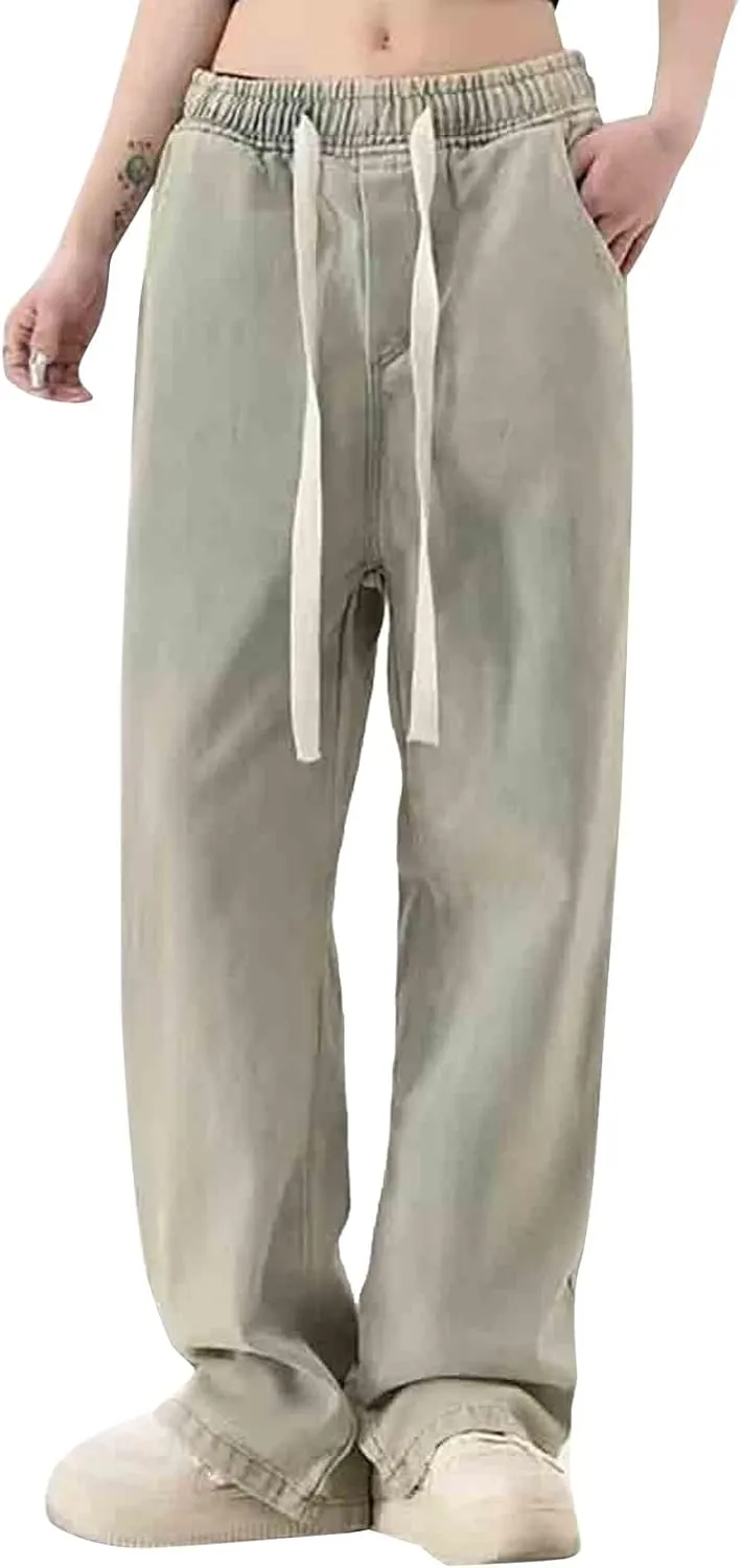 Womens Wide Leg Elastic Waisted Pants Casual Palazzo Jeans Adjustable Drawstring Y2K Trousers with Pockets