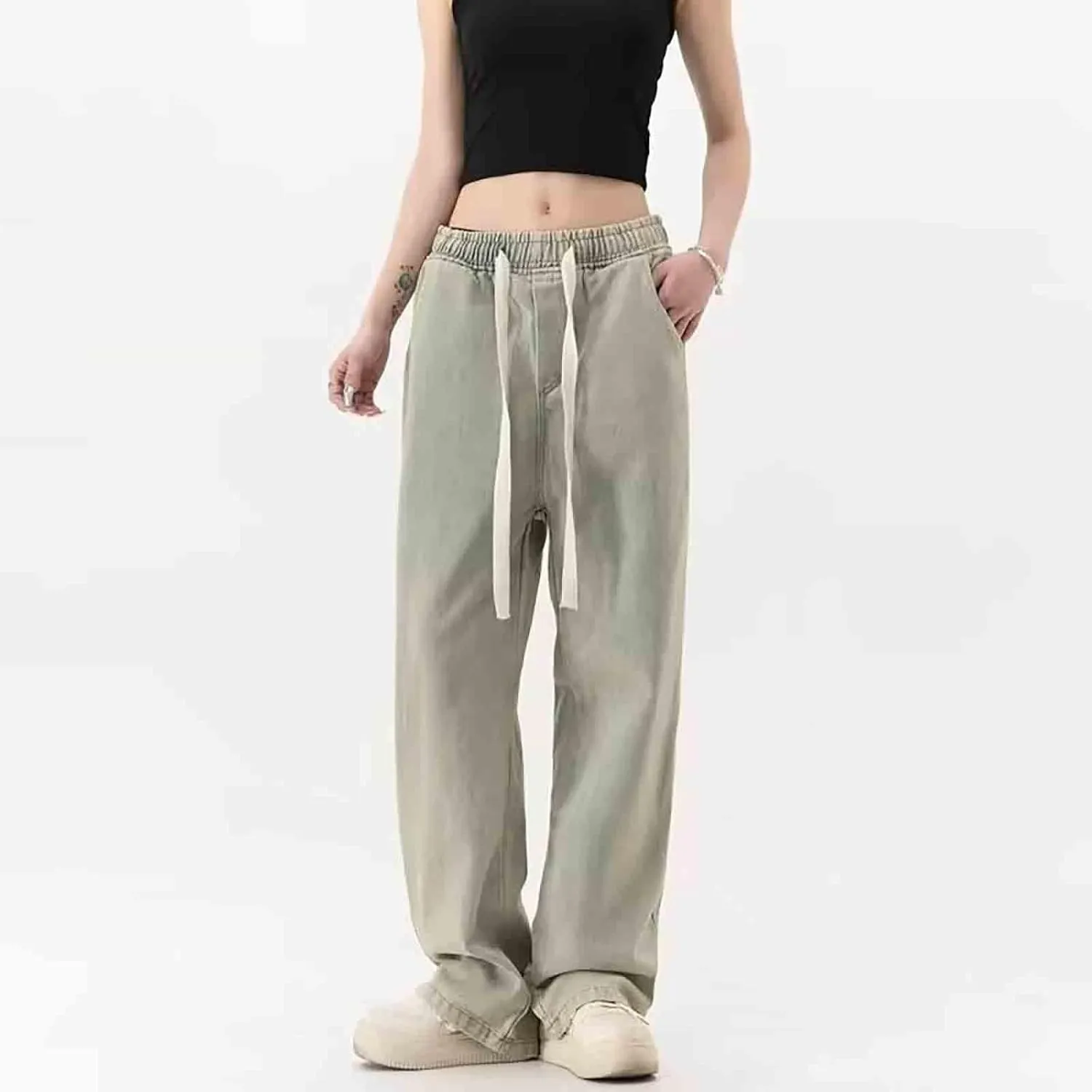 Womens Wide Leg Elastic Waisted Pants Casual Palazzo Jeans Adjustable Drawstring Y2K Trousers with Pockets