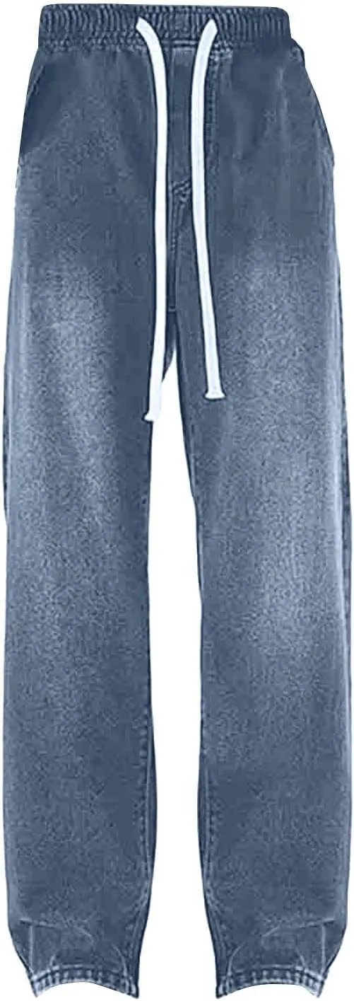 Womens Wide Leg Elastic Waisted Pants Casual Palazzo Jeans Adjustable Drawstring Y2K Trousers with Pockets