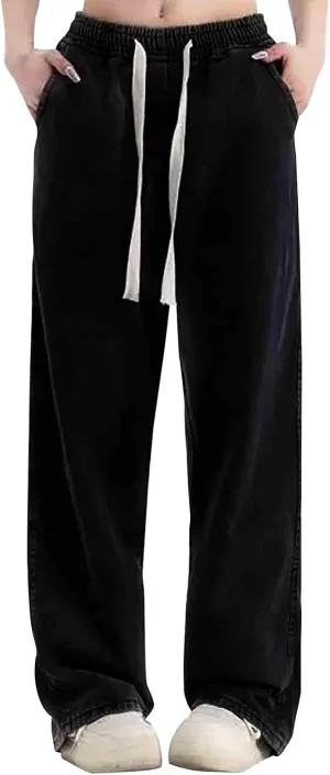 Womens Wide Leg Elastic Waisted Pants Casual Palazzo Jeans Adjustable Drawstring Y2K Trousers with Pockets