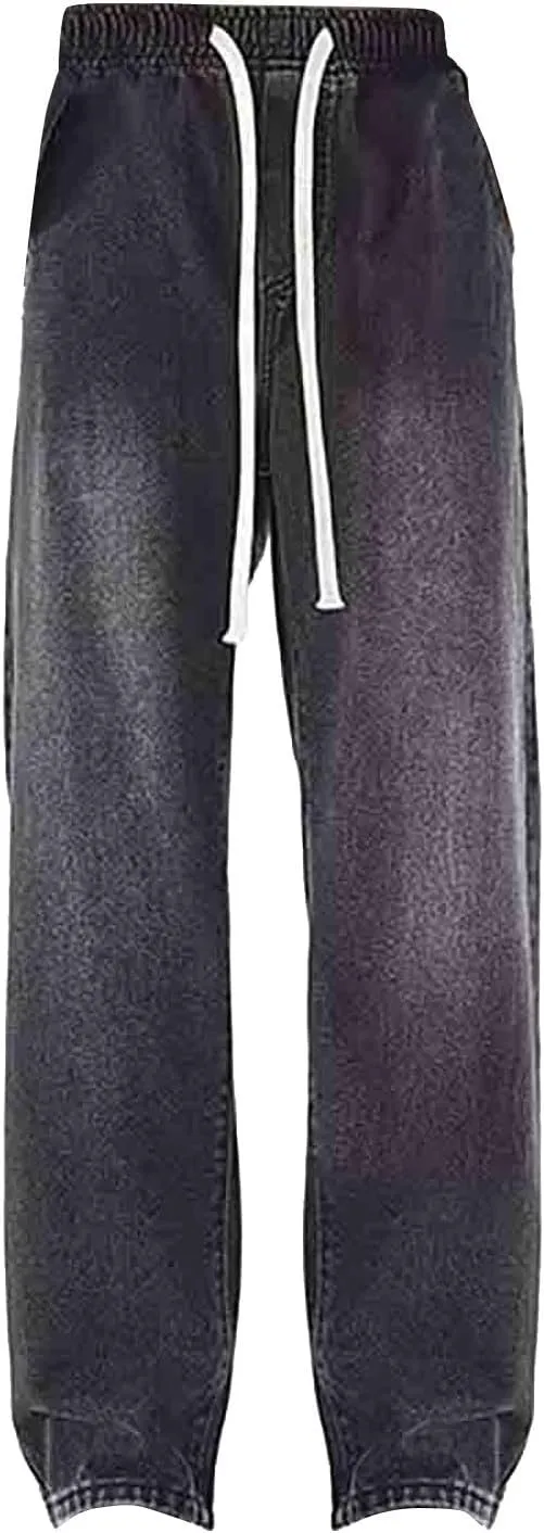Womens Wide Leg Elastic Waisted Pants Casual Palazzo Jeans Adjustable Drawstring Y2K Trousers with Pockets