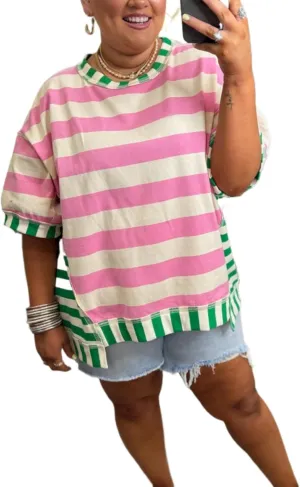 XPONNI Striped Shirt Women Oversized Tees Y2k Shirts Casual Loose Fit Tee Short Sleeve Tshirt Summer 2024 Trendy