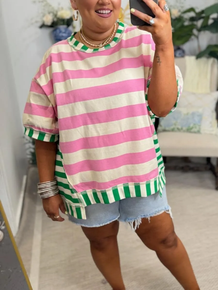 XPONNI Striped Shirt Women Oversized Tees Y2k Shirts Casual Loose Fit Tee Short Sleeve Tshirt Summer 2024 Trendy