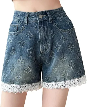 Y2K Casual Women's High Waisted Jeans Shorts Fashion Vintage Cute Lace Printed Patchwork Denim Short