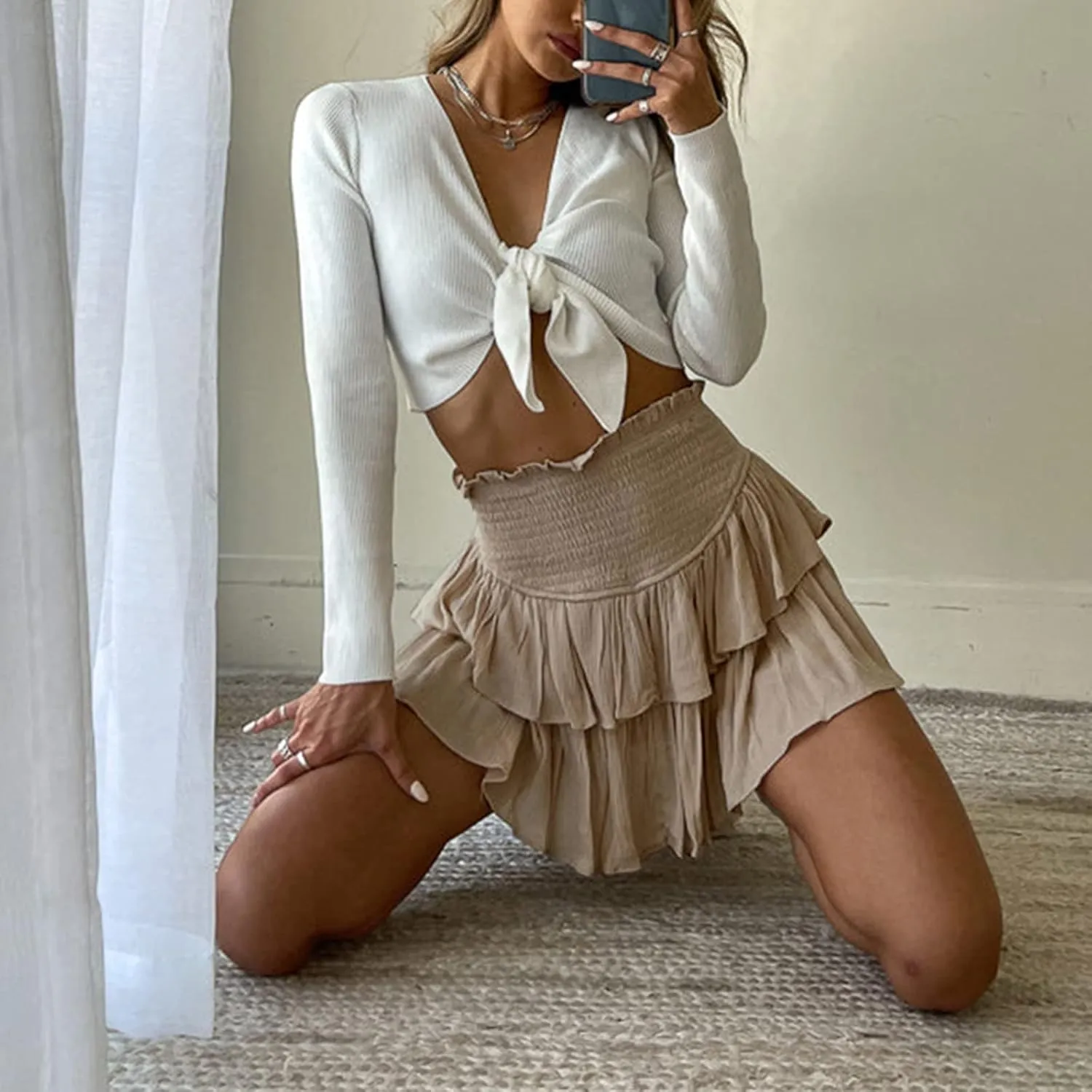 Yuemengxuan Pleated Skirts for Women High Waist Tennis Skorts Ruffle Flowy Summer Skater Skirt Workout Mini Skirt