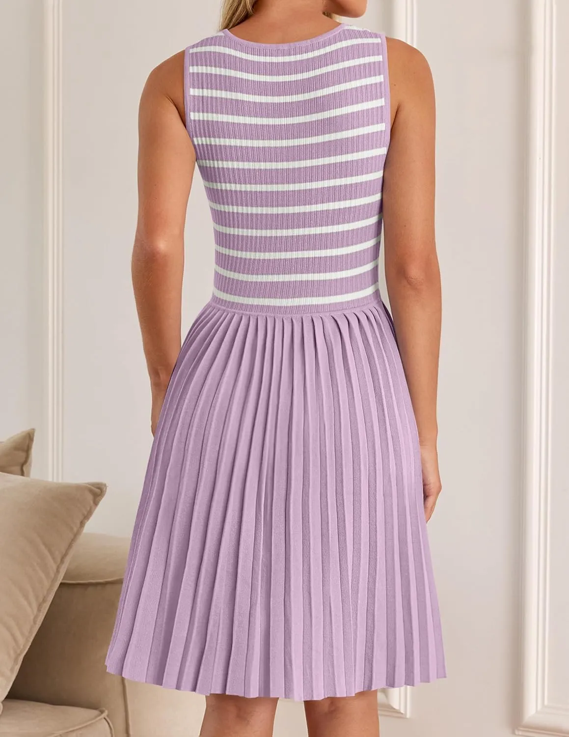 ZESICA Women's Summer Sleeveless Mini Dress 2025 Square Neck Striped Knit A Line Pleated Tank Dresses