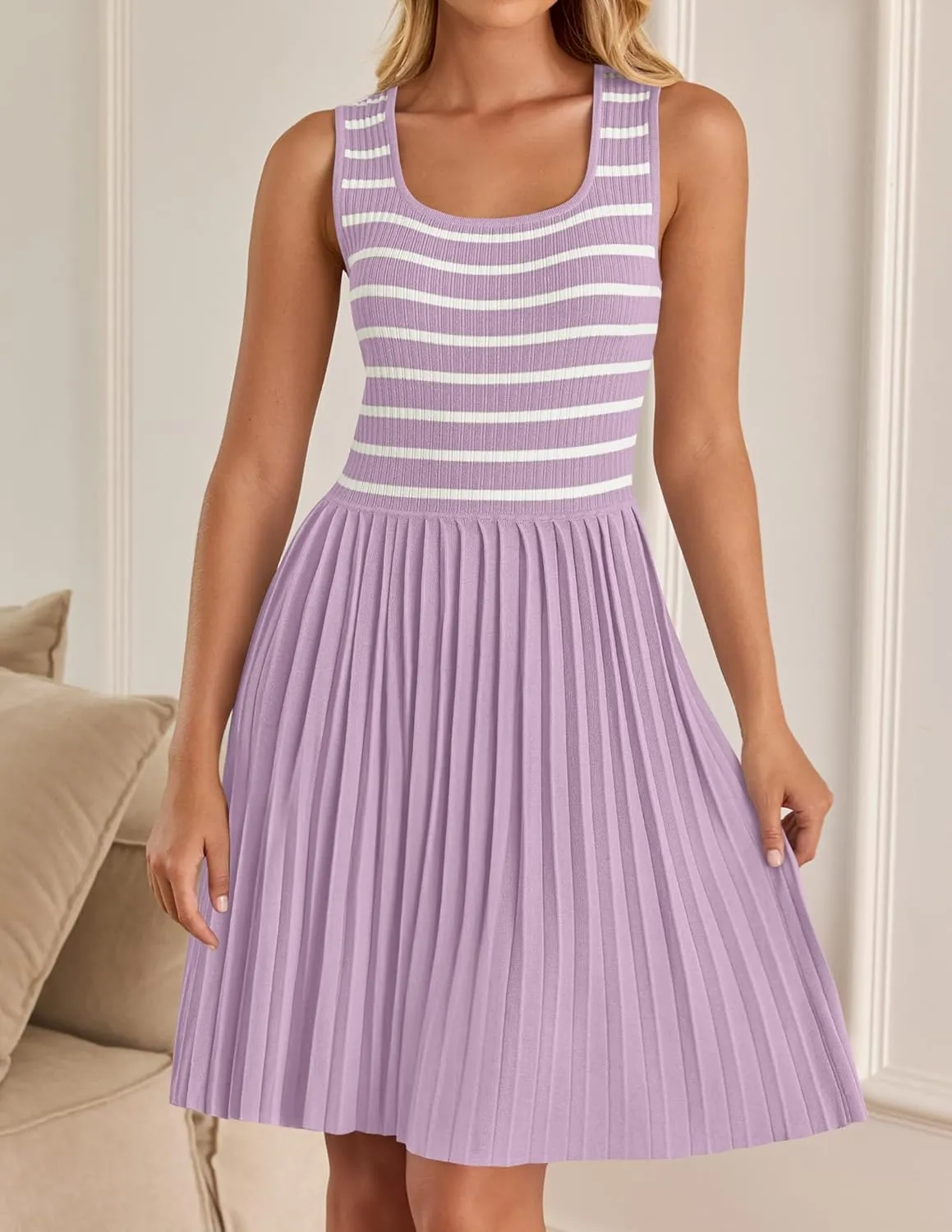 ZESICA Women's Summer Sleeveless Mini Dress 2025 Square Neck Striped Knit A Line Pleated Tank Dresses