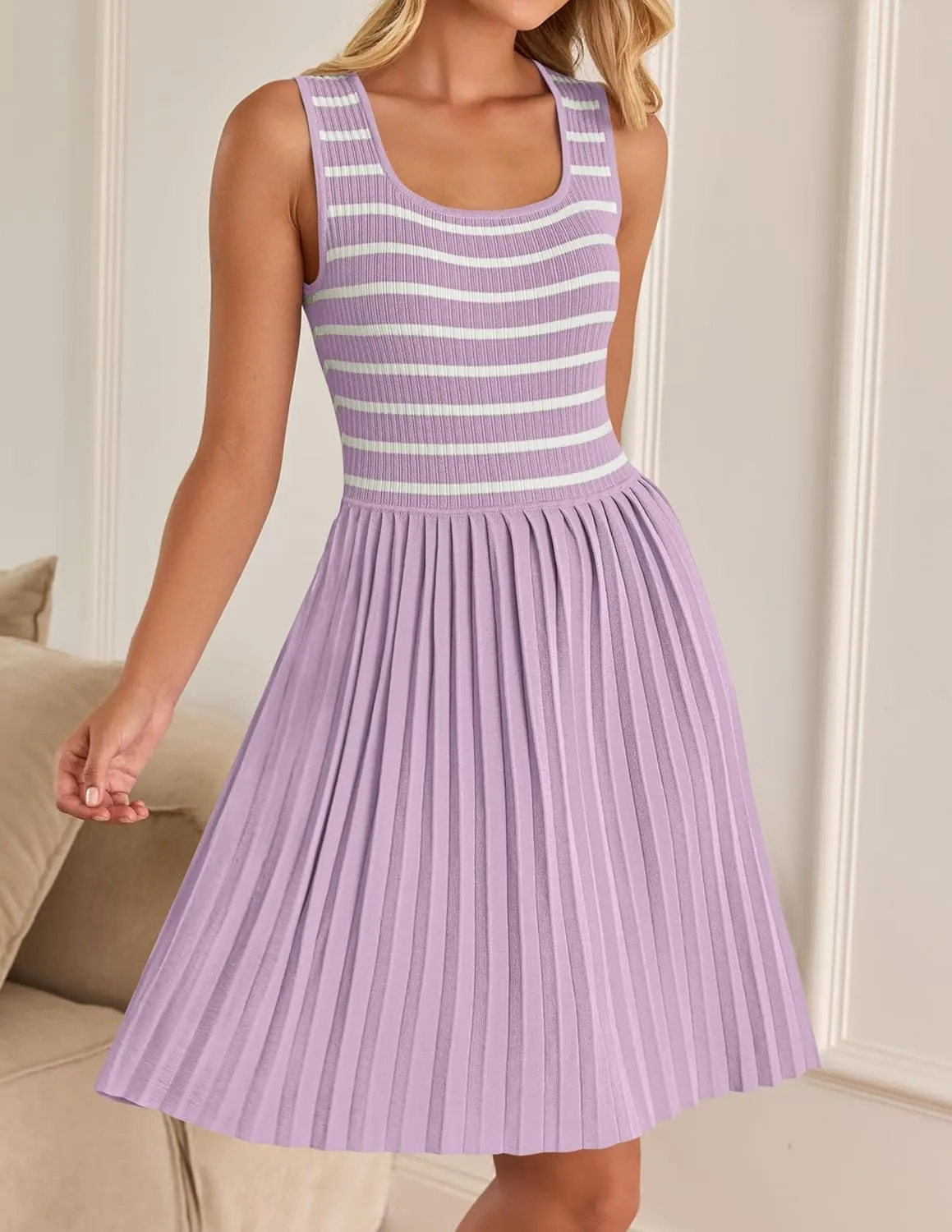 ZESICA Women's Summer Sleeveless Mini Dress 2025 Square Neck Striped Knit A Line Pleated Tank Dresses
